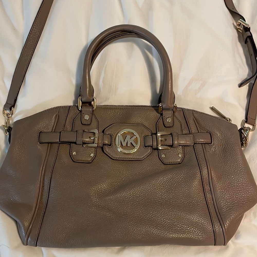 Michael Kors beige/taupe purse with gold accents